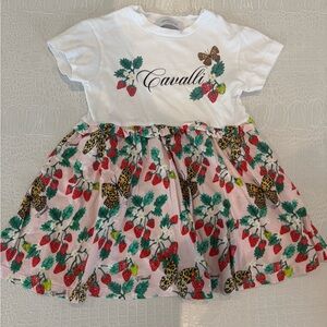 Roberto Cavalli White and Pink Kids Dress with Strawberry and Butterfly Print